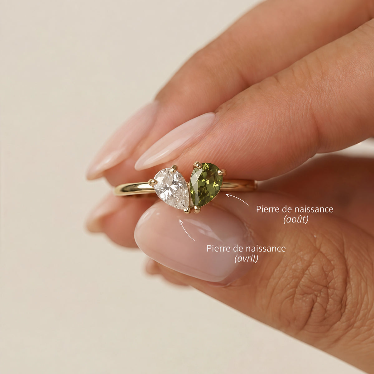 Bague Veria, exemple de pierres de naissance d’août et d’avril